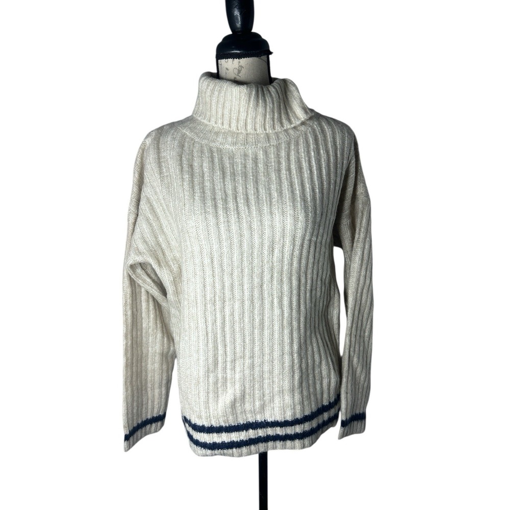POL Chunky Oversized Cream Navy Striped Design Cotton Yak Hair Blend Sweater S